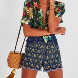 Farm Rio Embroidered Pineapples Denim Shorts Tropical Summer